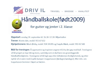 Oppstart håndballskole 14. sept for alle født 2009